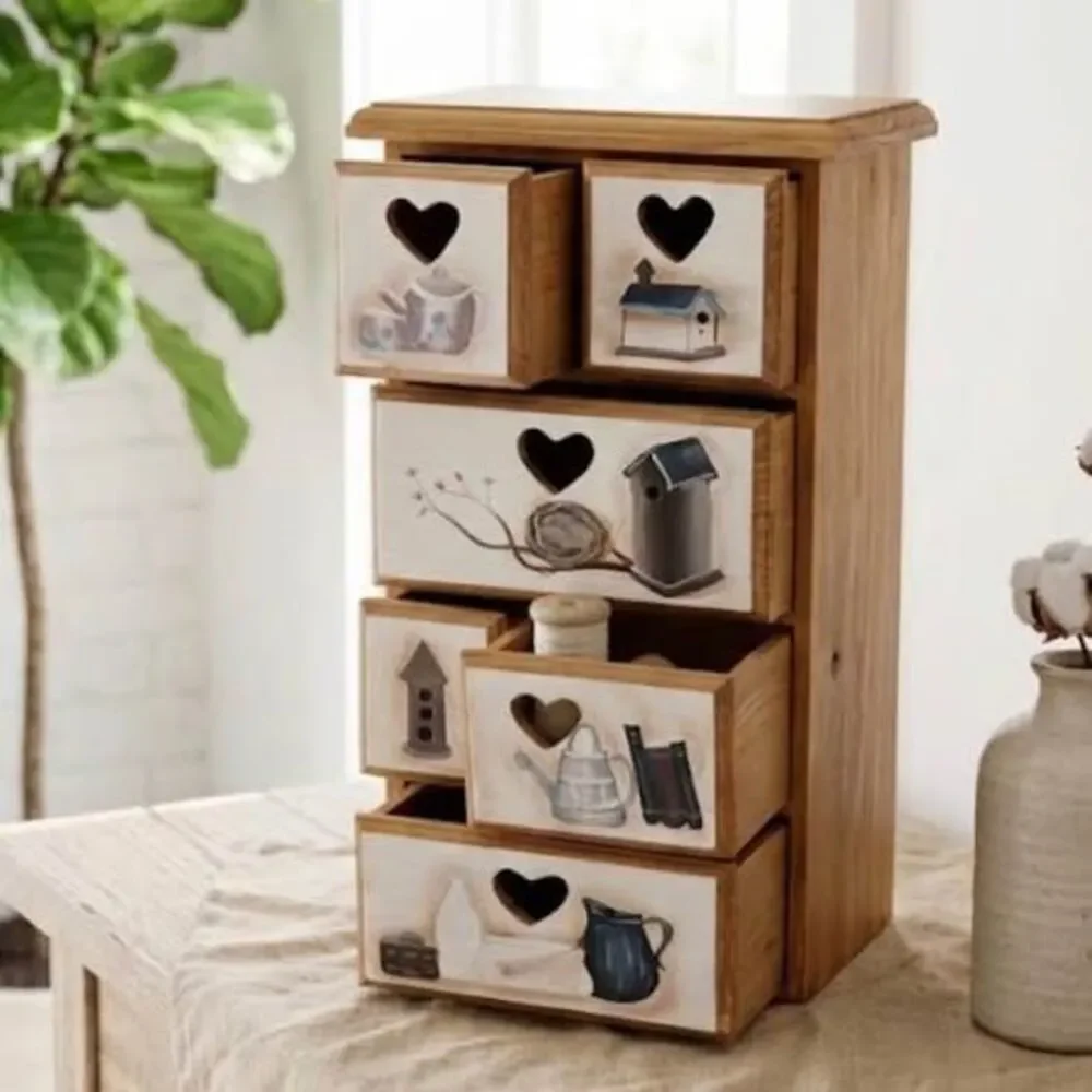 Hand Painted Wooden Mini Chest 5 Drawer Tabletop Organizer with Heart Cutouts